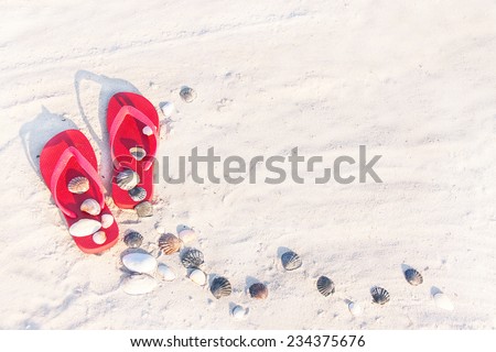 Sand texture (background) with flip flop sandals, shellfishes (scallop) on the beach in the summer day. The empty pattern for your message. Summer vacations (travel) concept. Copy space. Outdoor. 