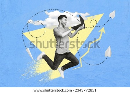 Picture collage sketch of crazy worker using netbook writing texting sms sending speed wifi connection isolated on drawing blue background