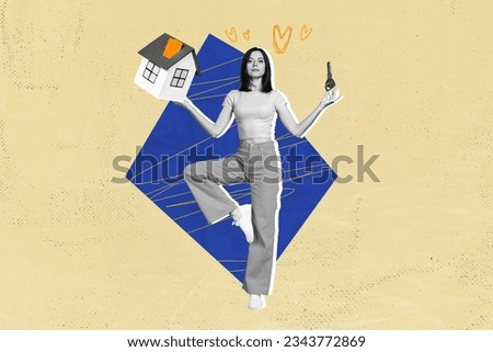 Creative retro 3d magazine collage image of happy smiling lady celebrating buying new house isolated beige color background Royalty-Free Stock Photo #2343772869