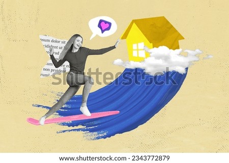 Collage graphics picture of funky smiling lady riding surf beach house isolated painting background
