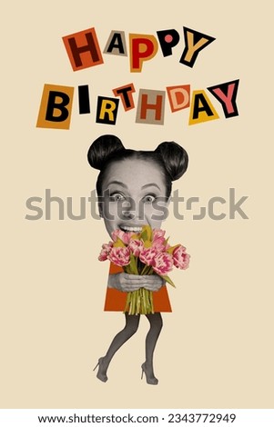 Image collage picture of cheerful pretty woman have fun enjoy birthday gift isolated on painted beige color background Royalty-Free Stock Photo #2343772949
