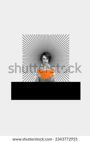 Creative collage photo of surprised smart girl hold book read interesting science fiction story isolated on grey painted background