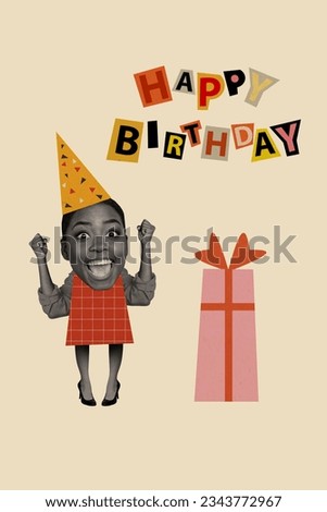Picture collage greeting card of cheerful crazy girlfriend have fun good mood rejoice birthday present isolated on painted background