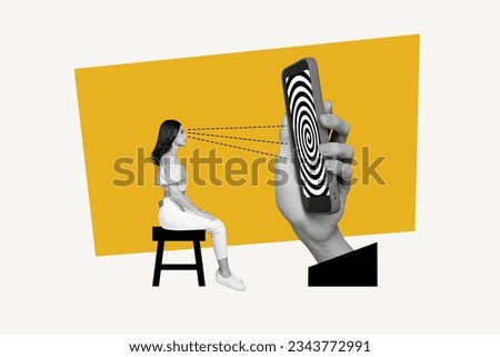 Picture collage image of young girl watching display scre fake news fase information isolated on painted background Royalty-Free Stock Photo #2343772991
