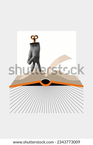 Picture poster image collage of human hands two fingers stand on paper page dictionary textbook isolated on drawing grey background