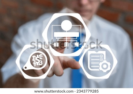 Concept of project management chart. Business process automation management with flowchart to improve efficiency and productivity. Man using virtual touchscreen pushes button of diagram or scheme. Royalty-Free Stock Photo #2343779285