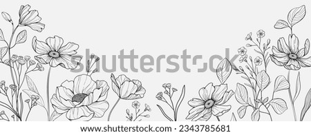 Botanical line bakground with flowers and leaves. Floral foliage for wedding invitation, wall art or card template Royalty-Free Stock Photo #2343785681