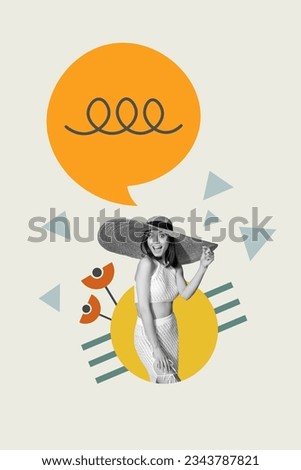 Vertical composite photo collage of impressed amazed woman wear straw enjoy summer holiday hat isolated creative drawing background