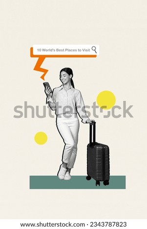 Vertical creative composite photo collage of happy excited girl look at smartphone search for resort isolated on drawing background