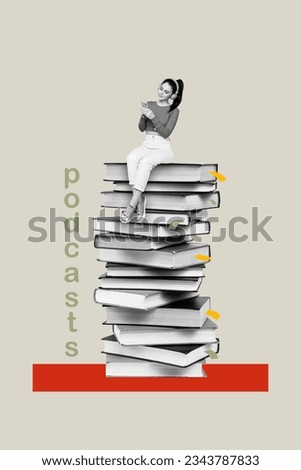 Vertical composite photo collage of intelligent girl sit on book listen podcast in smartphone app isolated creative drawing background
