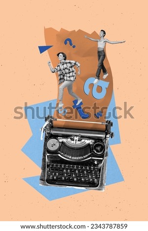 Vertical creative collage image of funny young female girl typewriter page alphabet letters typing texting running bloggers reading write