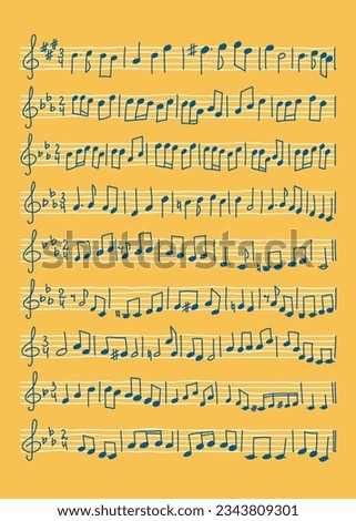 Hand drawn Music staff with music notes. Sheet of musical stave notes vector illustration Royalty-Free Stock Photo #2343809301