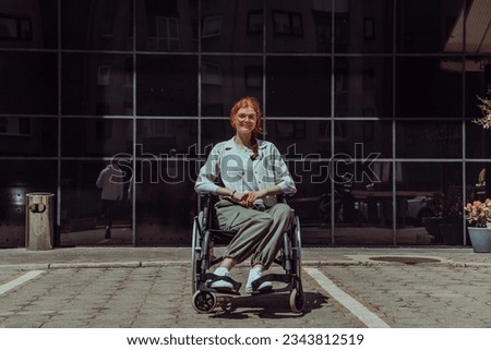 In front of a modern corporate building, a young woman sitting in a wheelchair confidently, symbolizing empowerment, inclusivity, and the strength to overcome challenges in the business world