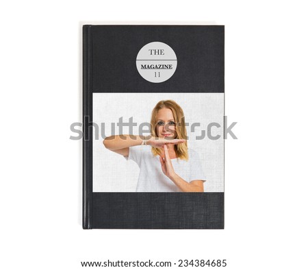Cute blonde girl making time out gesture printed on book