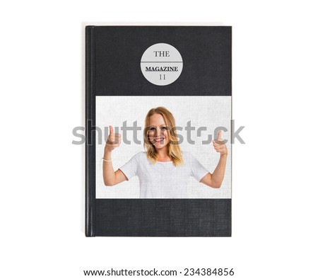 Blonde girl with thumbs up printed on book