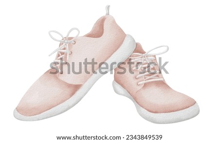 Sneakers for running and Sports. Hand drawn watercolor illustration of jogging Shoes on white isolated background. Drawing of pink trainers for icon or clip art. Sketch of women's tennis boots.