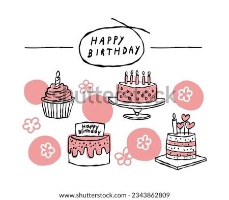vector line drawn happy birthday cake, pink, cute, sweet