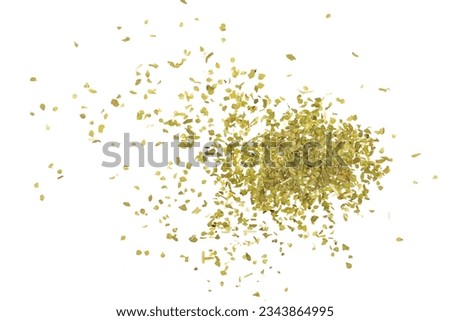Close up pile, dried, chopped oregano leaves isolated on white, top view  Royalty-Free Stock Photo #2343864995