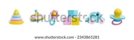 Realistic 3d different toys baby set include of pyramid, rattle, cubes, machine, spinning top. Vector cartoon newborn entertaining isolated illustrations. Plastic baby 3d render decorations Royalty-Free Stock Photo #2343865281