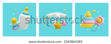 Baby toys and care tools, cute 3d vector illustrations. Milk bottle, pacifier, baby rattle, pyramide toy and mobile for crib. Newborns and infants accessories. Royalty-Free Stock Photo #2343865283