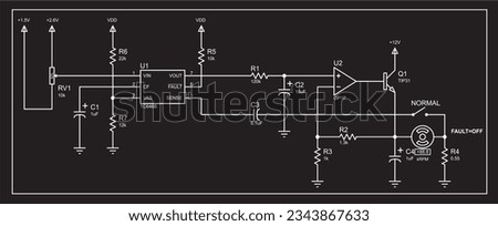 Schematic diagram of electronic device.
Vector drawing electrical circuit with resistor, 
operational amplifier, transistor, capacitor, servo motor
and other electronic components. Royalty-Free Stock Photo #2343867633
