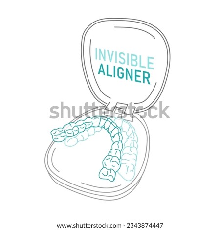 Orthodontic silicone trainer. Invisible braces aligner, retainer. Medical treatment. Opened tray. Plastic case with transparent braces. Editable vector illustration isolated on a white background. Royalty-Free Stock Photo #2343874447