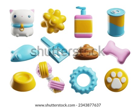 3d rendering set pets toys, accessories and food. Dog or cat cute bowl, bone, massage ball, grooming stuff. Cartoon realistic vector illustrations isolated on white background. Canine or feline care Royalty-Free Stock Photo #2343877637
