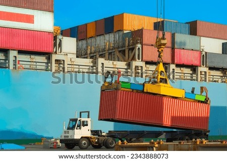 A container being unloaded from a cargo ship and being loaded onto a truck at a port in Chile Royalty-Free Stock Photo #2343888073