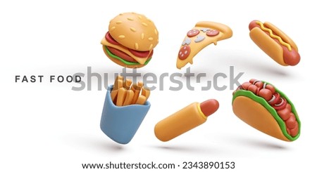 3d realistic set Hamburger, Pizza, Hot Dog, Taco and fries potatoes. Vector illustration.