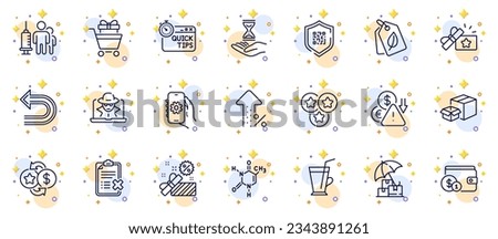 Outline set of Quick tips, App settings and Deflation line icons for web app. Include Undo, Packing boxes, Loyalty points pictogram icons. Fraud, Loyalty gift, Shopping trolley signs. Vector