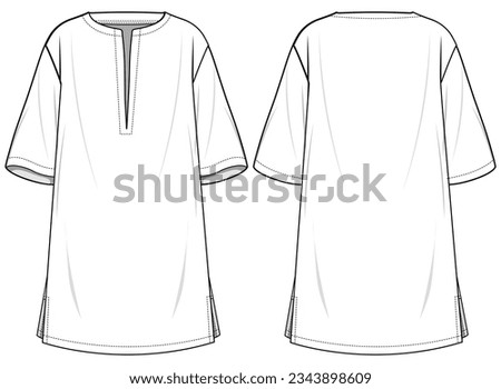Women Shift dress design flat sketch fashion illustration with front and back view. Side slit tunic dress a line dress frock cad drawing vector template Royalty-Free Stock Photo #2343898609