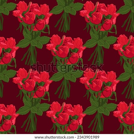 Vector red roses bouquets seamless pattern. Bunches of roses withon dark red background. Suitable for wrapping paper, background, wallpaper, textile, banner, scrapbooking