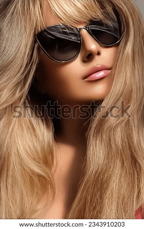 Luxury fashion, travel and beauty face portrait of young blonde woman, wearing chic sunglasses, suntanned skin and long beach waves hairstyle, summer accessory and glamour style concept Royalty-Free Stock Photo #2343910203