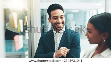 Business people, teamwork and brainstorming on glass in office for agenda, collaboration and planning ideas. Man, woman and employees at board for feedback of schedule, mindmap and timeline of goals Royalty-Free Stock Photo #2343931041