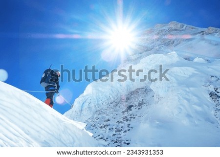 Climber reaches the summit of Everest, Nepal. Royalty-Free Stock Photo #2343931353