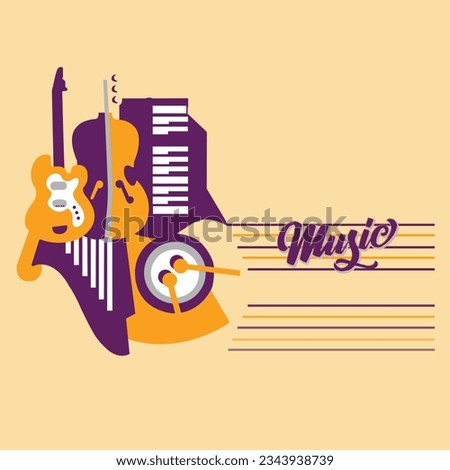 The concept of musical instruments and musical objects. Background design with free text space. A graphic work. Can be used for printing, advertisements, brochures, banners, posters, etc.