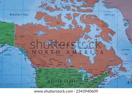 Close up of Canada on world map Royalty-Free Stock Photo #2343940609