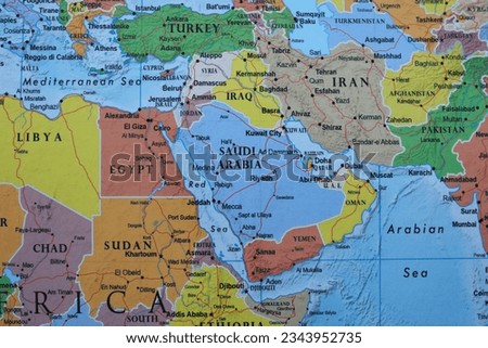 Close up of Saudi Arabia on world map Royalty-Free Stock Photo #2343952735