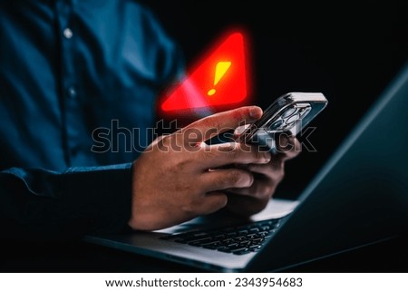 People with warning notification and spam message icon on mobile phone Royalty-Free Stock Photo #2343954683
