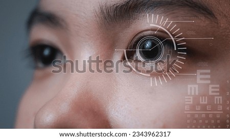 Macro female eye and laser beam during visual acuity correction with eye chart. Laser eye surgery for glaucoma concept:  eye with reticle or target overlay. Royalty-Free Stock Photo #2343962317