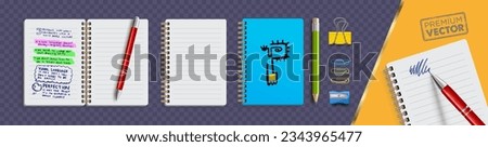 Notebook open closed cover pages ballpoint pen pencil sharpener paper clip Metal paper clip vector illustration