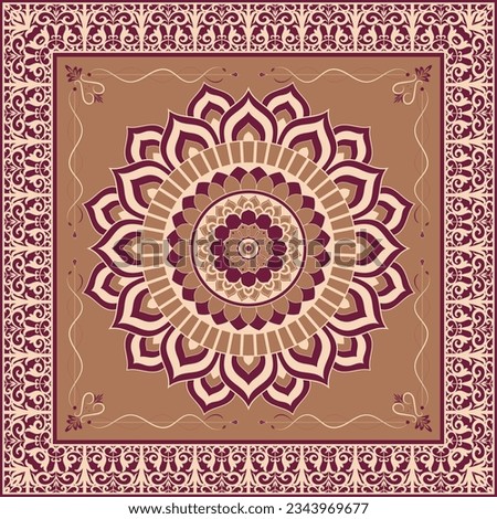 Square silk scarf with mandala sun and paisley border in indian style. Orienatal ethnic motives.