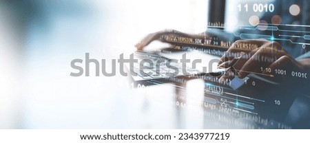 Software development concept, digital technology. Coding programmer, software engineer working on laptop and digital tablet with javascript computer code, internet of things IoT, mobile app develop
