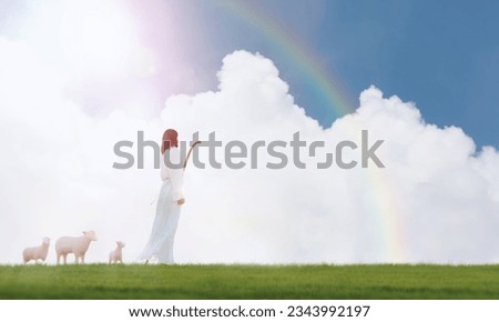 Blue sky and clouds, Jesus Christ the shepherd leading the sheep and Jesus walking with the sheep on the meadow in the bright and brilliant sun Background
