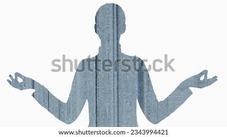 Digital meditation. Futuristic spirituality. Stress relief. Double exposure glitch noise animation peaceful female silhouette in yoga pose on white background.