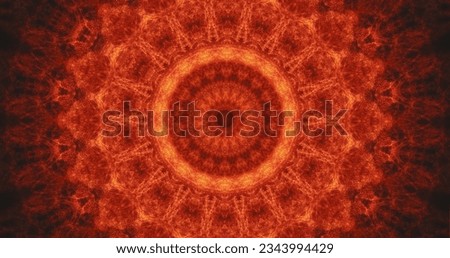 Kaleidoscope background. Fire mandala. Shiny glitter red orange color glowing round symmetrical abstract decorative ornament with sparks.