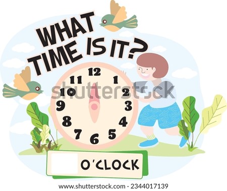 a clock show 6 o'clock ,Educational material for primary school students. What time is it? Vector illustration.