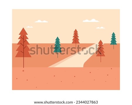 Autumn park landscape scene with many trees in autumn and falling leaves, with walkways and hills. natural design. Vector flat illustration