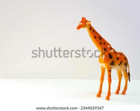 Rubber giraffe, side view. White background.