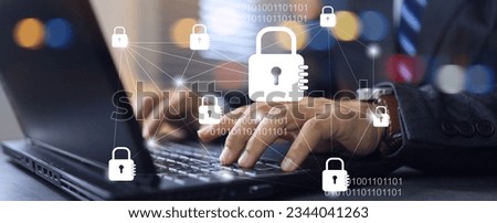 Banner of businessman using password to unlock computer screen to access sensitive data and cyber protection. Protect data from hacker and virus. Cyber security concept